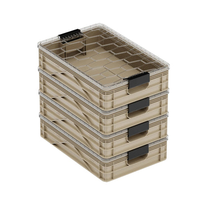 SIDIO Quarter Crate 4 Pack of Stackable Storage Bins - Organizer Bins with Dividers for Garage Organization, Home Storage - Heavy Duty Plastic Containers - 19.16” x 12.75”x 4.57” (Tan)