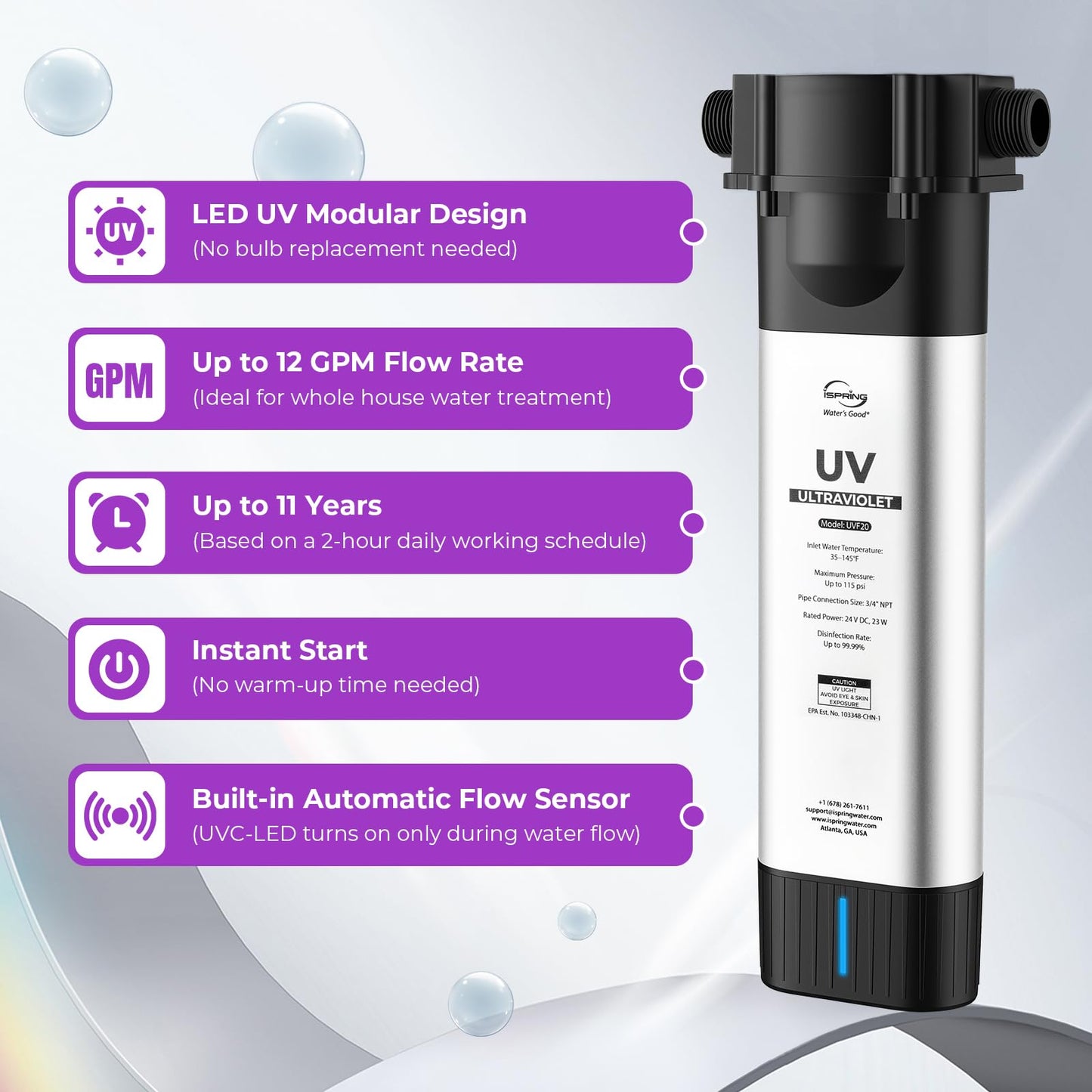 iSpring UVF20 Whole House LED UV Water Filter System, Up to 11 Years Long-Life LED UV Water Purifier with Built-in Automatic Flow Control, Mercury-Free, 3/4" MNTP Inlet Outlet, Up to 12 GPM