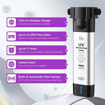 iSpring UVF20 Whole House LED UV Water Filter System, Up to 11 Years Long-Life LED UV Water Purifier with Built-in Automatic Flow Control, Mercury-Free, 3/4" MNTP Inlet Outlet, Up to 12 GPM