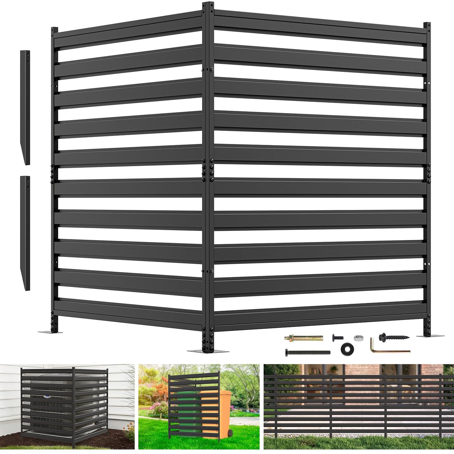 2 Panels 48" W x 48" H Air Conditioner Fences Screen, Metal Privacy Fence for Outside Unit, Pool Equipment Enclosure Trash Can Fence, No Dig Backyard Fencing for Outdoor (Black)