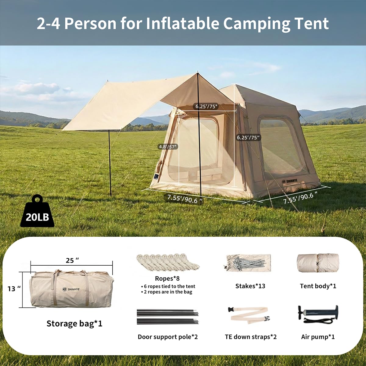 ShinHye Inflatable Tents for Camping - Blow up Tent with Awning and Pump, Easy Setup 4 Season Waterproof 420D Oxford Glamping Air Tents for Camping Adult 2/3/4 Person