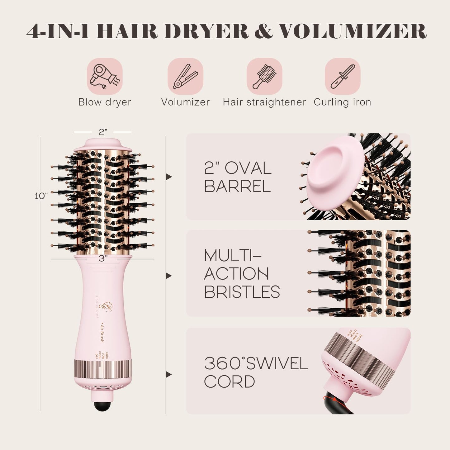 110-240V Travel Brush Hair Dryer, Small Hair Straightener Brush with European Plug Adapter for International Travel, 4 in 1 Hot Air Styler & Dryer for Drying Straightening Curling Volumizing