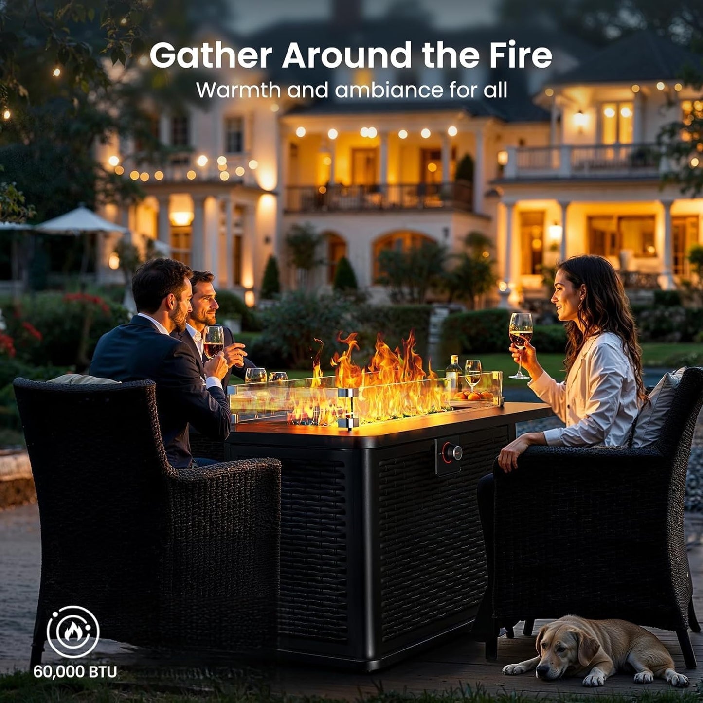 Ciays 43-Inch Rectangular Propane Fire Pit – 60,000 BTU Output, Premium Gas Fire Pit Table for Outside Patio, 304 Stainless Steel H-Burner, Glass Stones & Wind Guard, Black Finish