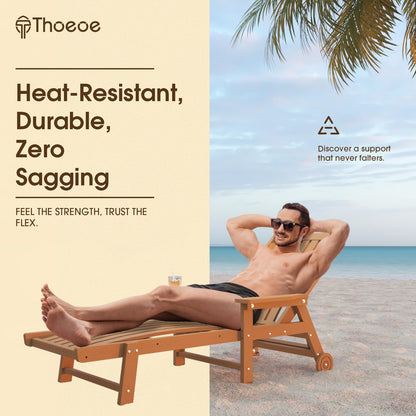 THOEOE Patio Chaise Lounge Chair, Oversized Lounge Chair Outdoor with 5 Positions, 78″ Long, HDPE, Patio Lounge Chair with Wheels & Cup Holder for Pool, Deck, Poolside,Wood