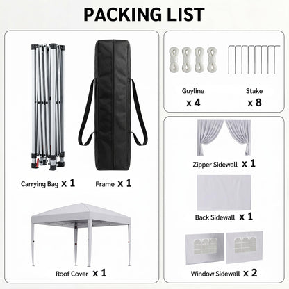 KIGOTY 10x10 FT Portable Pop Up Canopy Tent, Adjustable Height Instant Gazebo with Sidewalls, One-Push Setup Outdoor Canopy for Camping, Parties, Vendor Events (White, 3m × 3m)