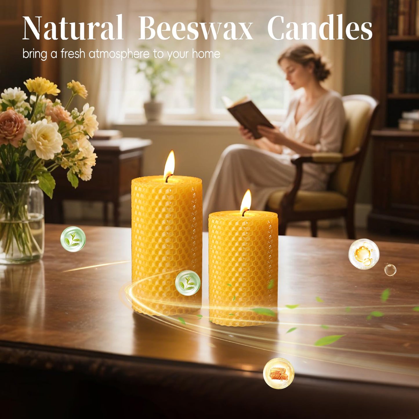 Pure Beeswax Pillar Candles,3 Pack Hand-Rolled Natural Beeswax Candles(1.77x3in,2x4in,2x6in) 60 Hours Burning Unscented Bees Wax Candle for Home,Smokeless&Dripless Pillar Candle for Meditation,Wedding