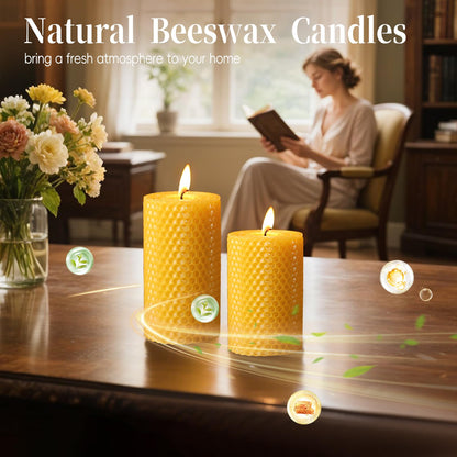 Pure Beeswax Pillar Candles,3 Pack Hand-Rolled Natural Beeswax Candles(1.77x3in,2x4in,2x6in) 60 Hours Burning Unscented Bees Wax Candle for Home,Smokeless&Dripless Pillar Candle for Meditation,Wedding