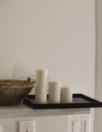 LAWA Roman Handmade Tall Ribbed Pillar Candle - Beautiful Scented Soy Wax Stripped Dinner Candle | Classic Aesthetic Decoration Set | Housewarming Gift | Home Room Shelf Decor Idea - White (Set of 3)