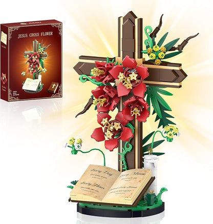 Jesus Cross Flower Building Set Religious Cross Collectibles Jesus Catholic Building Toys Christian Crucifix Floral Decor Display Easter Christian Birthday Gift for Kids Women &amp Adults (381