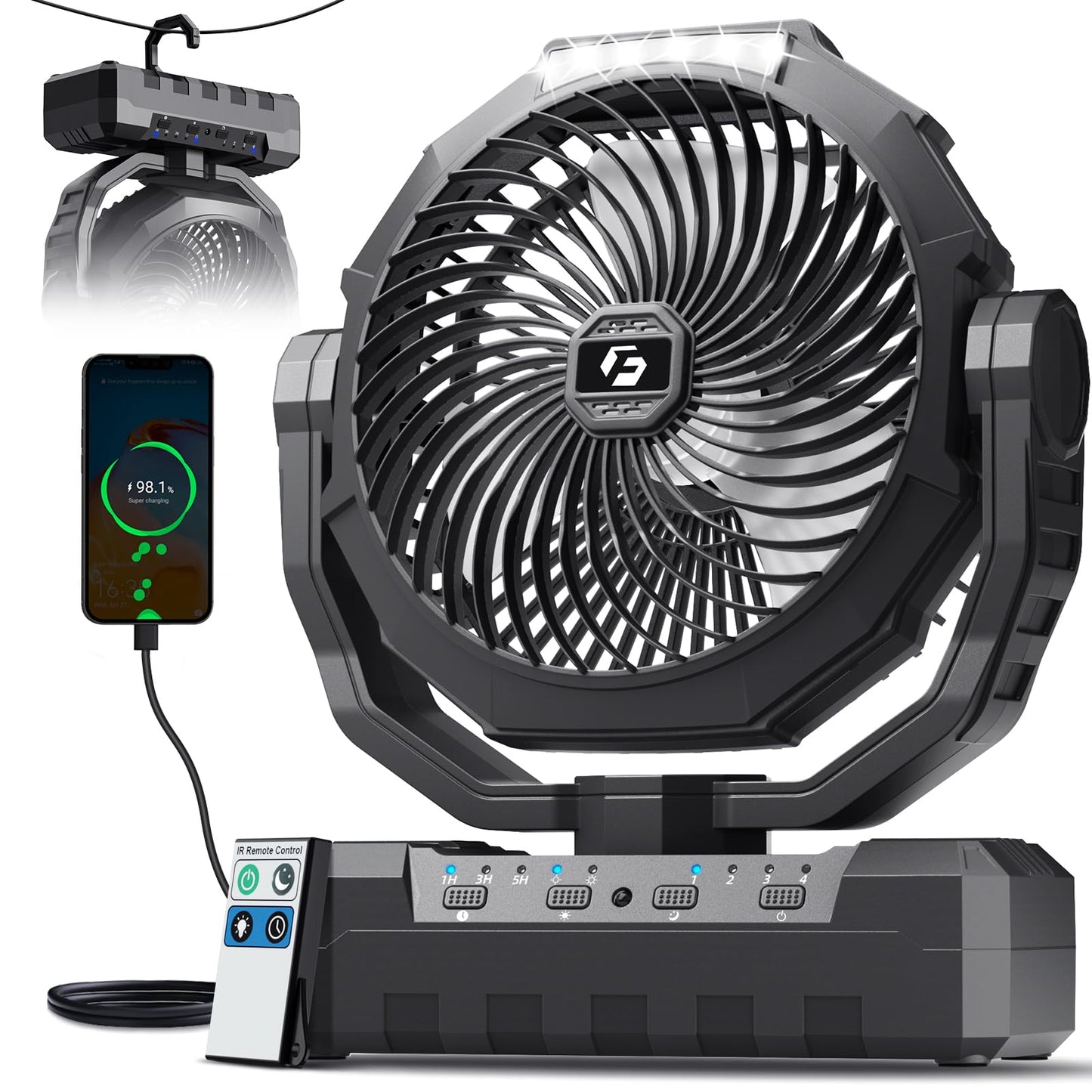 FRIZCOL 3-in-1 Camping Fan - Portable Fans Rechargeable - 24000mAh Battery Powered Fan with Light & Remote for Indoor, Outdoor, Tent, Travel, Fishing, Jobsite, Gifts for Men Dad Him - Black