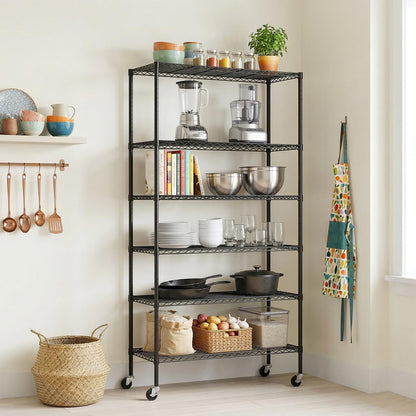 PayLessHere | 6-Tier Wire Shelf with Wheels | 45"x18"x82" | Black | Adjustable Racks | Heavy-Duty Storage Shelves, Holds Upto 510 lbs | Rust-Resistant, No-Tool Assembly | for Home, Garage Shelving