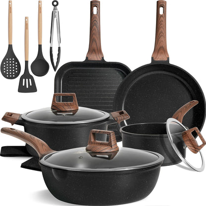 Kikcoin 16Pcs Ceramic Pots and Pans Set Non Stick, Includes a 9.5" Grill Pan, Induction Kitchen Cookware Sets, Black Nonstick RV Kitchen Camping Cooking Sets Stackable (PTFE, PFOS, PFOA Free)
