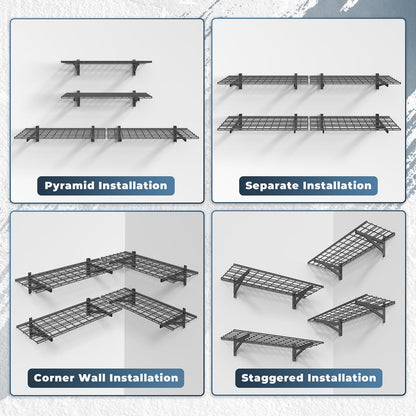 Jusgym 4 Pack Heavy Duty Garage Wall Shelving Set (1.5x4ft), Wall Mounted Garage Shelves 1400lbs Capacity, 2 Pack Garage Shelving Wall Mount (1x4ft), Tool Organizer with 4 Hooks, 700 lbs Capacity