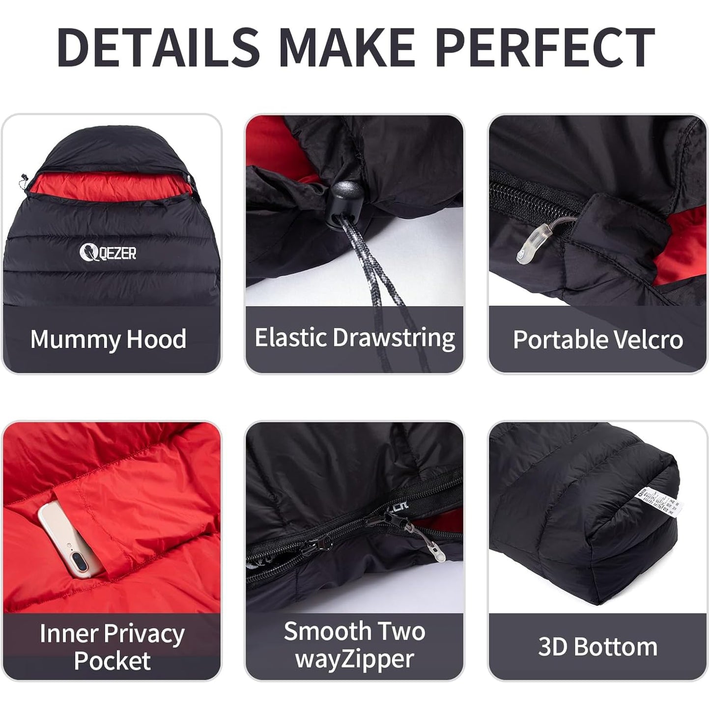 QEZER Sleeping Bag for Adults 650FP Down Mummy Sleeping Bag Cold Weather 3-Season Lightweight Compact for Camping Backpacking Hiking Travel 36°F-63°F