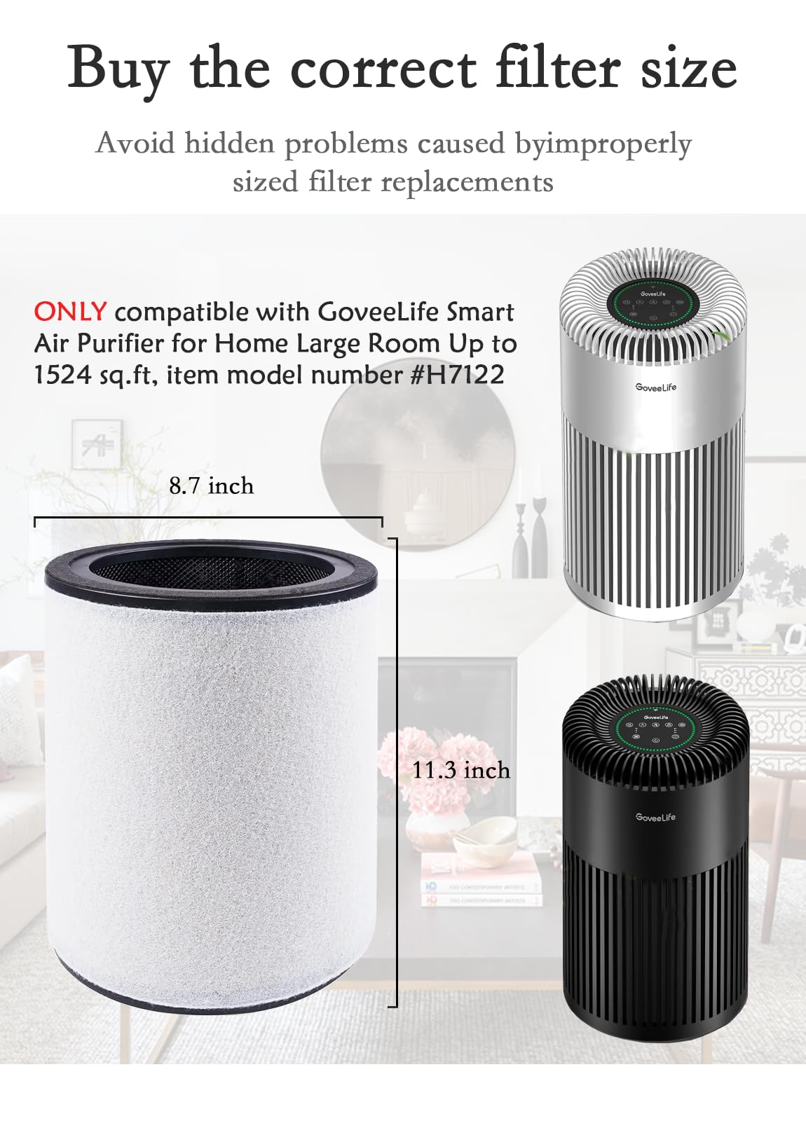 2 Packs H7122 Replacement Filters Compatible with GoveeLife Smart Air Purifier for Home Large Room Up to 1524 sq.ft., H13 True HEPA Air Purifier Filter for Smoke, Wildfire, Pet Hair, Model # H7122
