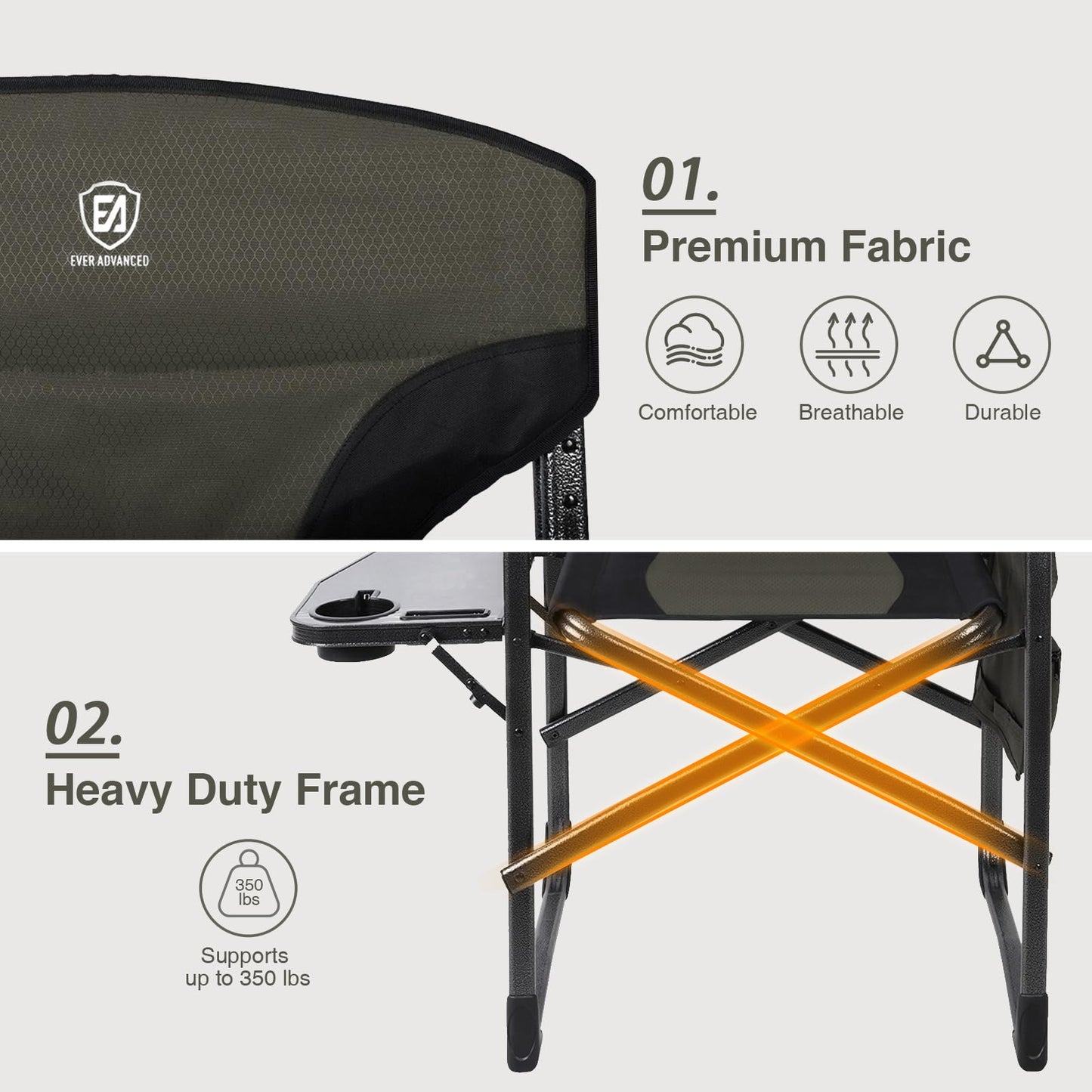 EVER ADVANCED Aluminum Lightweight Folding Director Chair, 350lbs Heavy Duty Camping Chair with Side Table & Storage, 19" Joint-Friendly Height Easy to Stand, Portable Makeup Artist & Vendor Chair