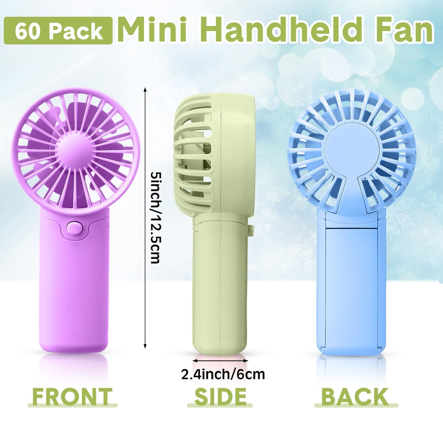 Rossesay 60 Pcs Mini Portable Fan Small Handheld Battery Operated Portable Personal Fans for Summer Travel Beach Indoor Outdoor Cooling Gift(Green, Pink, White, Blue, Black, Purple)