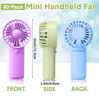 Rossesay 60 Pcs Mini Portable Fan Small Handheld Battery Operated Portable Personal Fans for Summer Travel Beach Indoor Outdoor Cooling Gift(Green, Pink, White, Blue, Black, Purple)