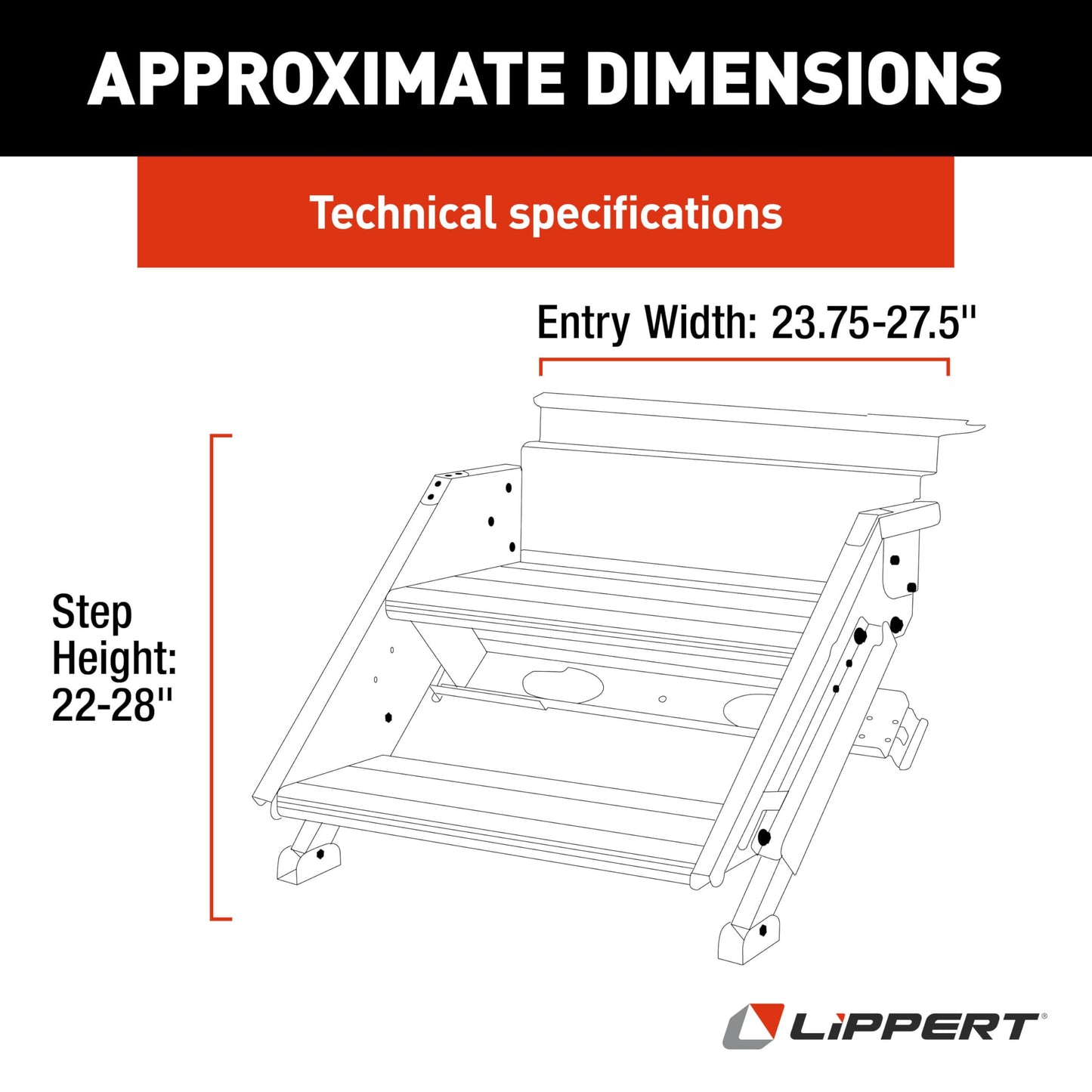Lippert Solid Step 4.0 Premium Double RV Camper Entry Steps with 26" Step Width, XL Top Tread, 8" Rise, 500-lb. Weight Capacity, Adjustable Legs, Recessed Feet, Foldable Design - 2024056996