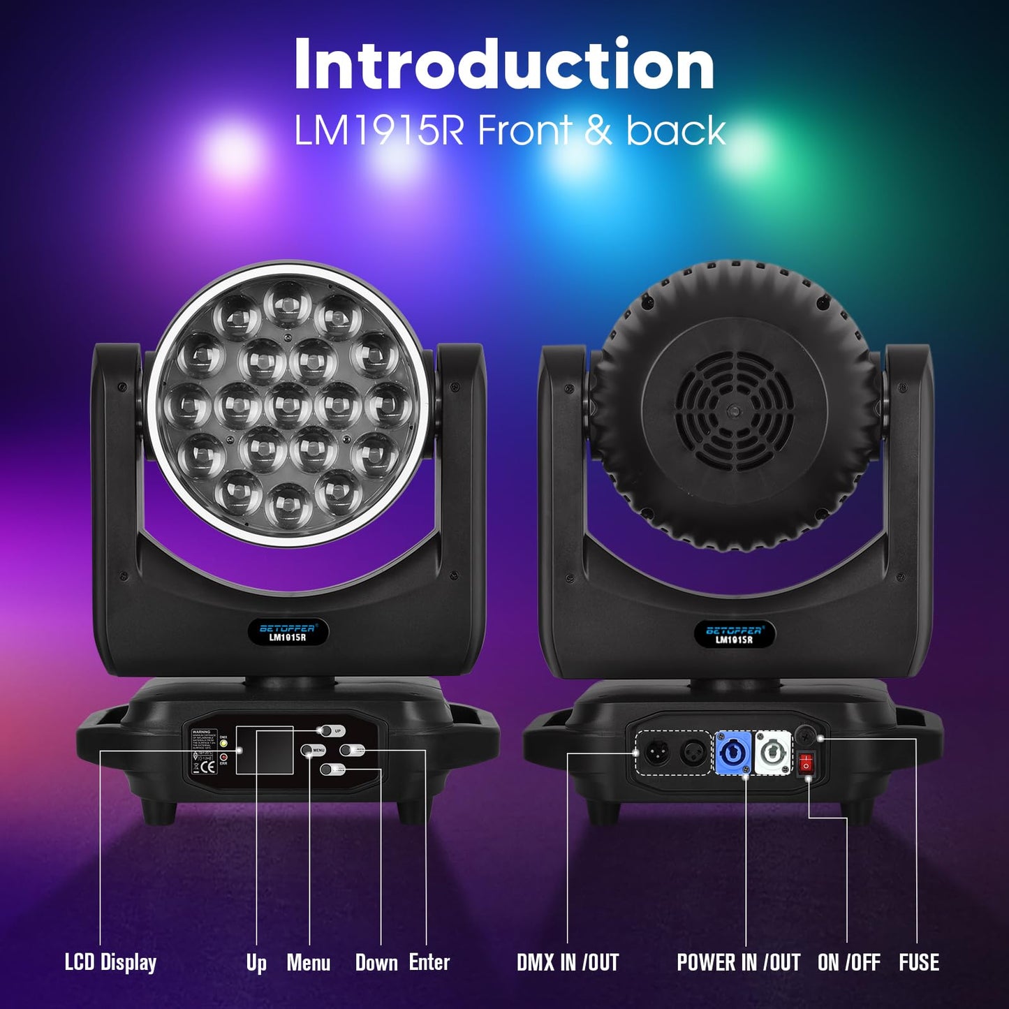 BETOPPER Moving Head Light,19x15W RGBW with Light Strip Effect Moving Head Stage Spotlight,Lightweight Disco DJLight for Party Wedding Club Bars Show（1）