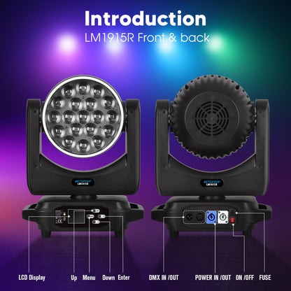 BETOPPER Moving Head Light,19x15W RGBW with Light Strip Effect Moving Head Stage Spotlight,Lightweight Disco DJLight for Party Wedding Club Bars Show（1）