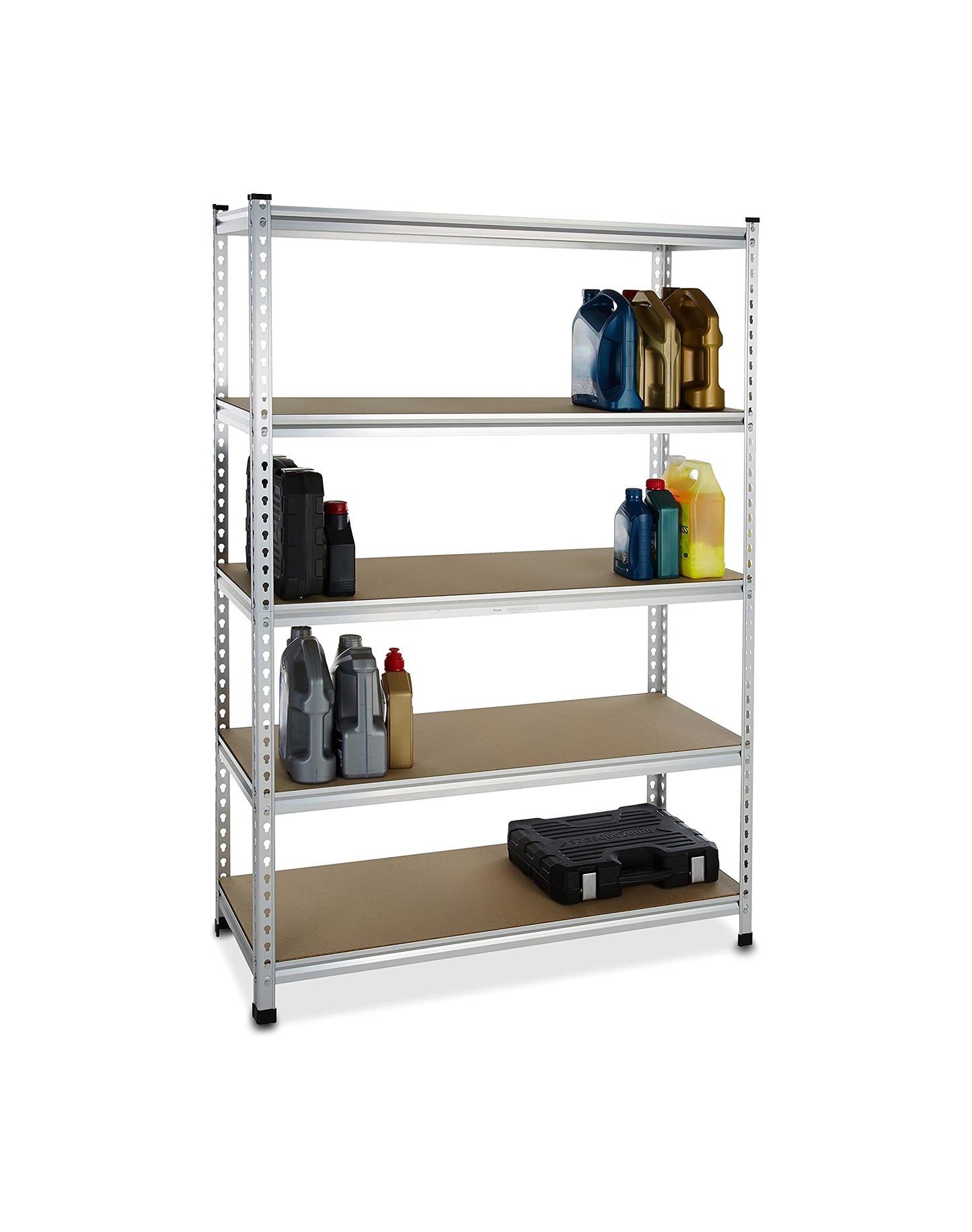 Amazon Basics 5-Tier Medium Duty Storage Shelving, Garage Storage Rack, Double Post Press Board Shelf, Adjustable, Easy Assembly, Space-Saving, Aluminum, 48" x 18" x 72"