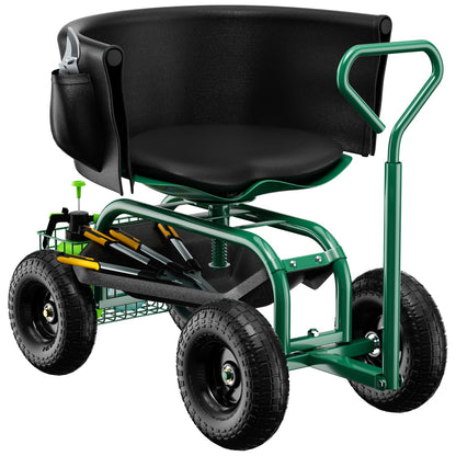 Baotree Garden Seat with Wheels, Rolling Garden Stool with Adjustable 360°Swivel Seat, Storage Basket & Extendable Handle, Outdoor Gardening Scooter, Garden Cart Workseat Stools for Seniors