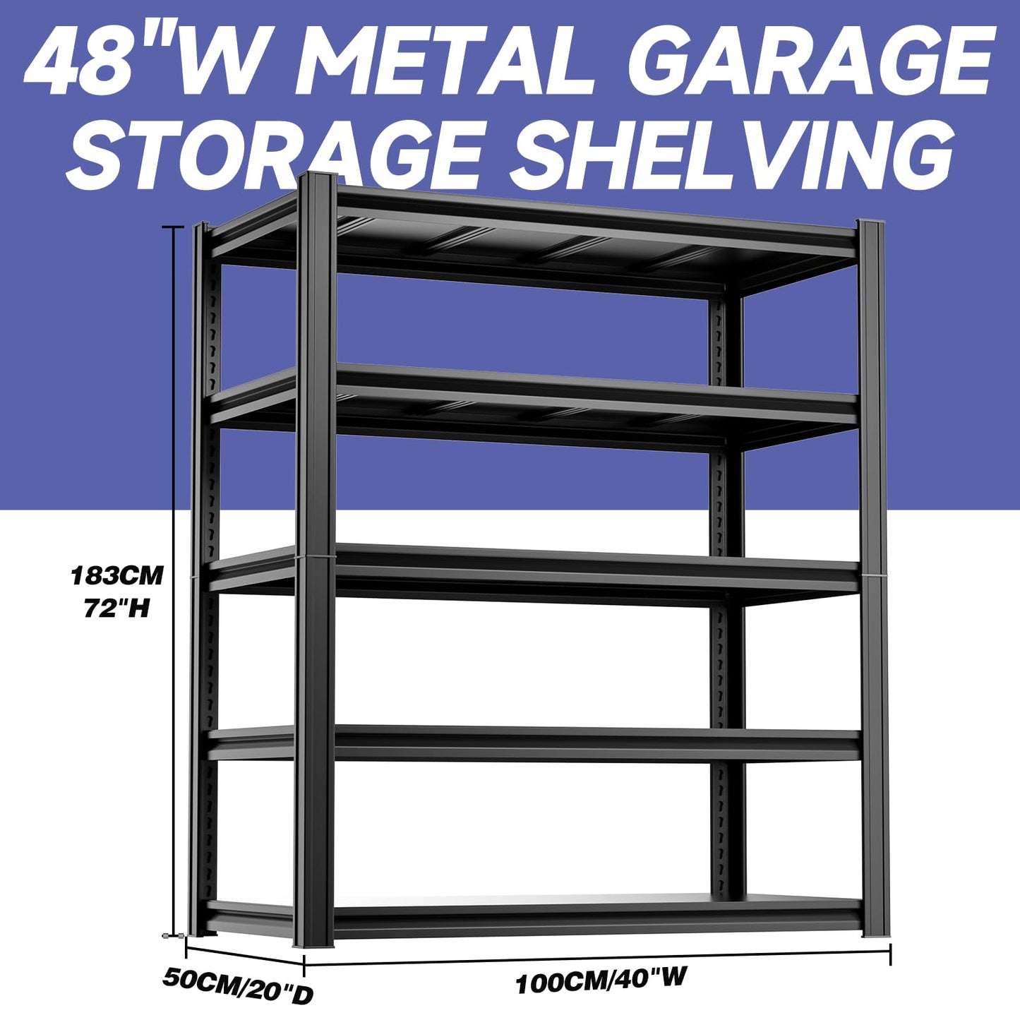 cynnda 5-Tier 40”W X 20”D X 72”H Heavy Duty Garage Storage Shelves 2500LBS Basement Shelving Heavy Duty Adjustable Unit Rack Metal Rack(Black)