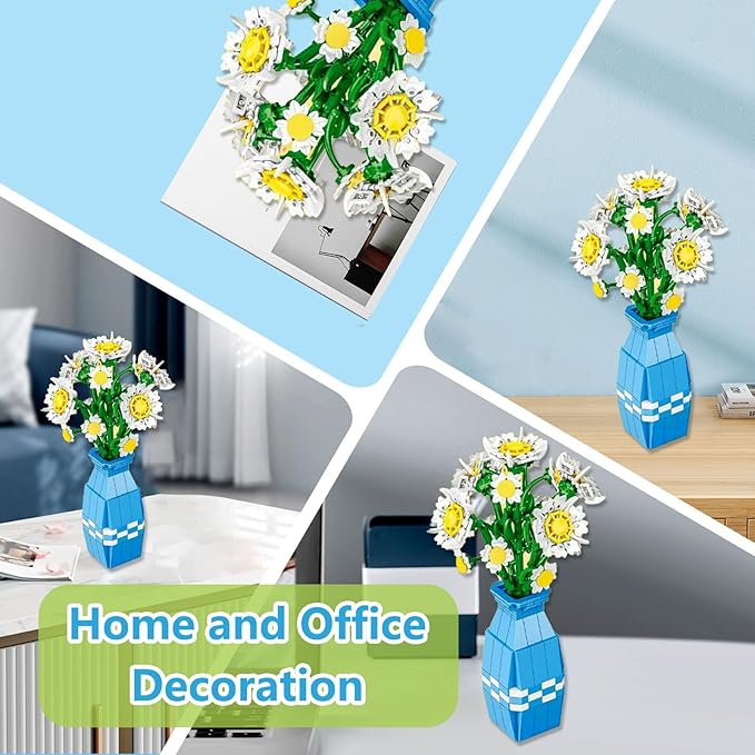 Daisy Building Set with Vase Compatible with Lego 541PCS Flower Bouquet Building Sets for Adults Artificial Flowers for Home Decor Christmas Birthday Valentines Gift for Her &amp Him 14+