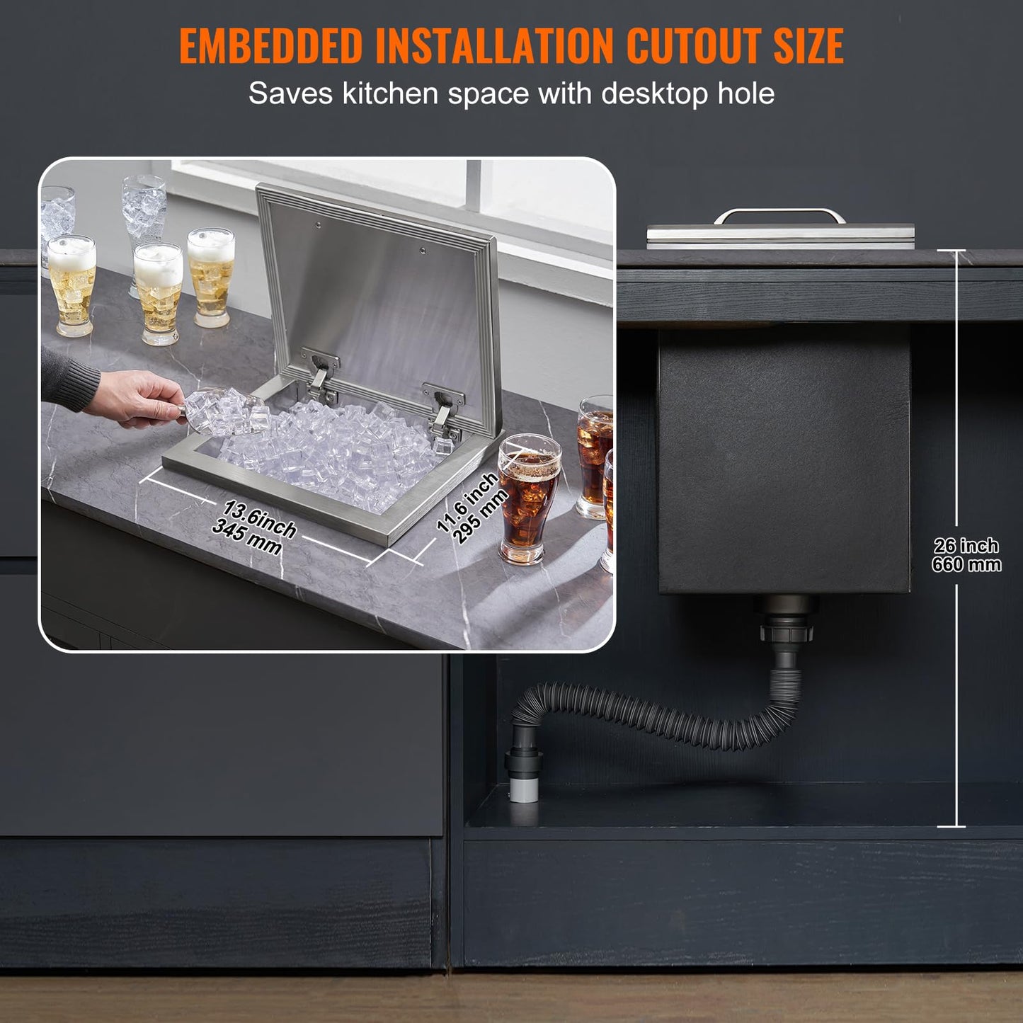 VEVOR Drop in Ice Chest, 14" L x 12" W x 18" H Stainless Steel Ice Cooler, Commercial Ice Bin with Hinged Cover, 40 qt Outdoor Kitchen Ice Bar, Drain-Pipe and Drain Plug Included, for Cold Wine Beer