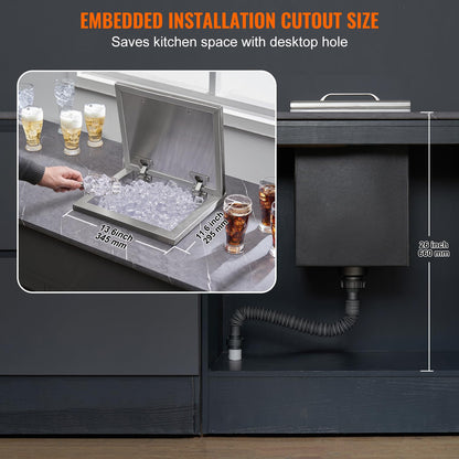 VEVOR Drop in Ice Chest, 14" L x 12" W x 18" H Stainless Steel Ice Cooler, Commercial Ice Bin with Hinged Cover, 40 qt Outdoor Kitchen Ice Bar, Drain-Pipe and Drain Plug Included, for Cold Wine Beer