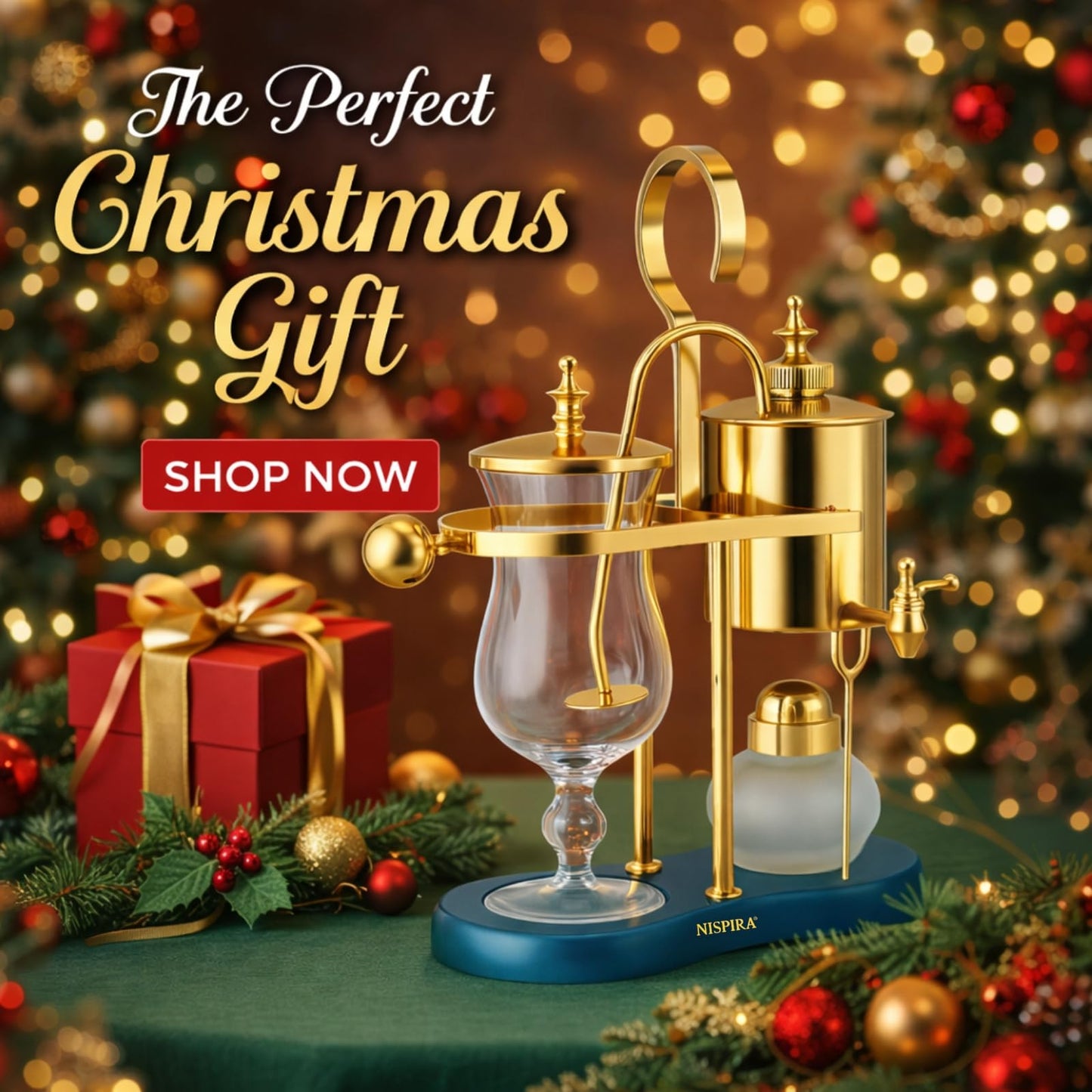 Nispira Belgian Balance Syphon Vacuum Coffee Maker, 500ml Vintage Gravity Brewing System, Gold & Peacock Blue Finish, Manual Tabletop Coffee Brewer