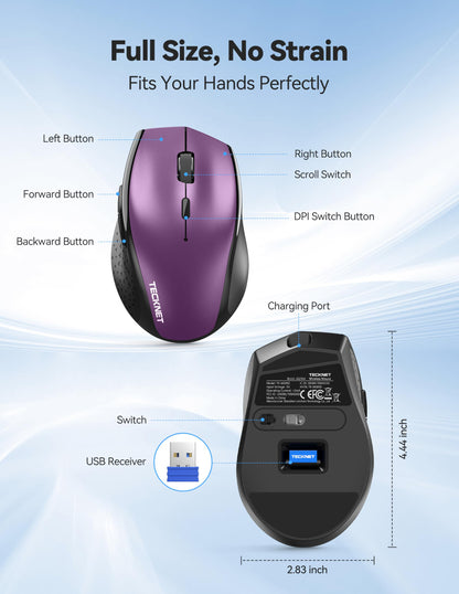 TECKNET Wireless Mouse Rechargeable,Mouse for Laptop Computer,2.4G USB Computer Mice Wireless,6 Button 6400 DPI Ergonomic Silent Mice,Portable Cordless Travel Mice-Wide Compatibility