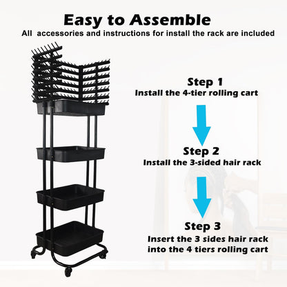 Braiding Hair Rack with 196 Pegs, Hair Extension Holder with 4 Tiers Storage Cart, Classical Black Braiding Rack Stand for Hair Braider, Sturdy Hair Rack for Salon, Home, Braiding School