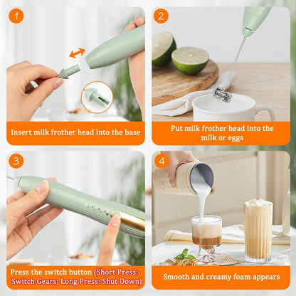 TonJin Frother Wand Rechargeable USB-C Milk Frother Handheld Mixer Electric with 2 Whisk Heads, 3 Speeds Adjustable Coffee Drink Mixer for Lattes, Matcha, Hot Chocolate, Egg, Matcha(Green)