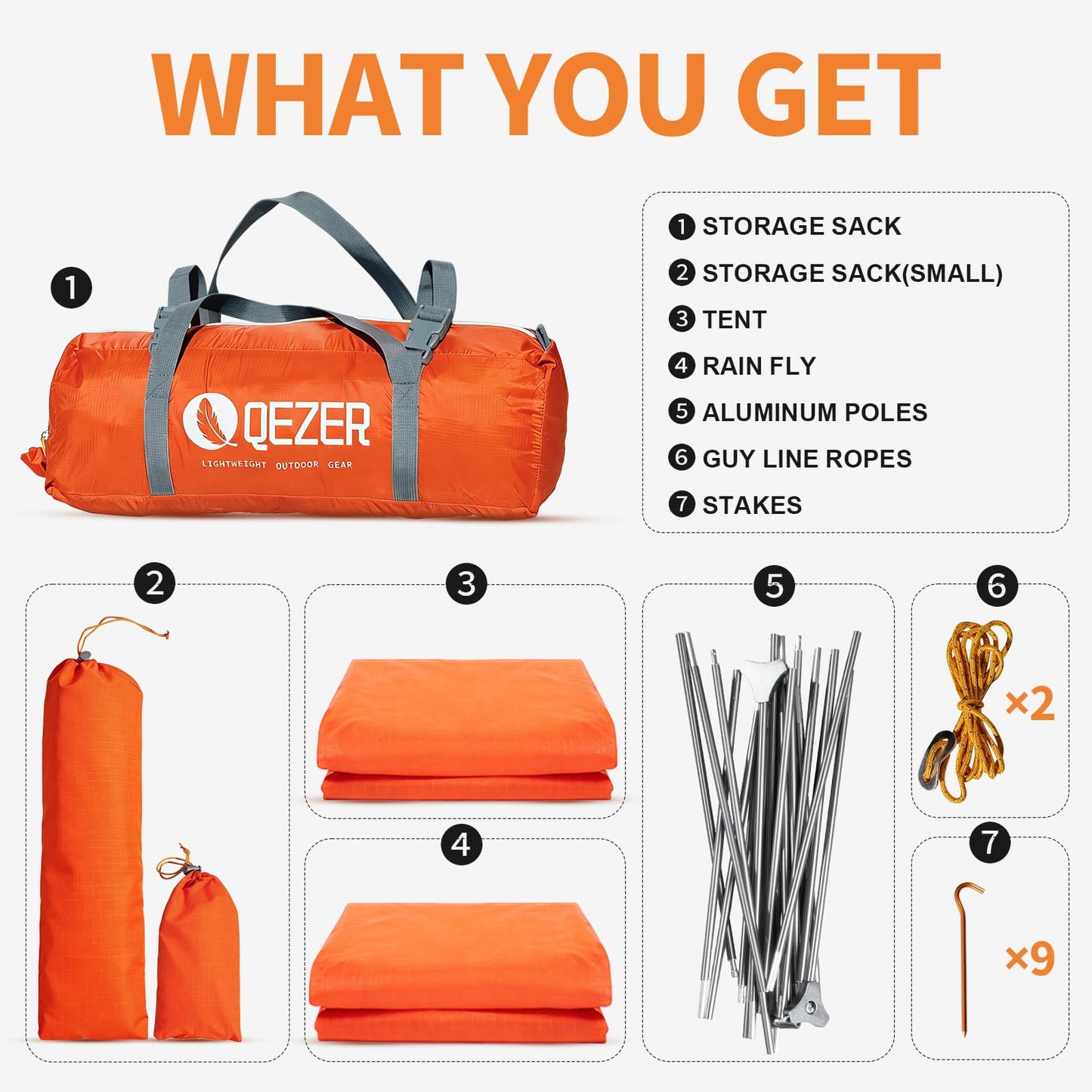 QEZER Camping Tent 1/2 Person Tents Windproof Portable Adults Tents for Camping Hiking Backpacking Traveling Easy Set up (Orange, 2 Person)