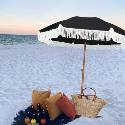 AMMSUN 7ft Patio Umbrella - Outdoor Fringe Umbrella with UPF50+ Protection & Steel Pole | Black