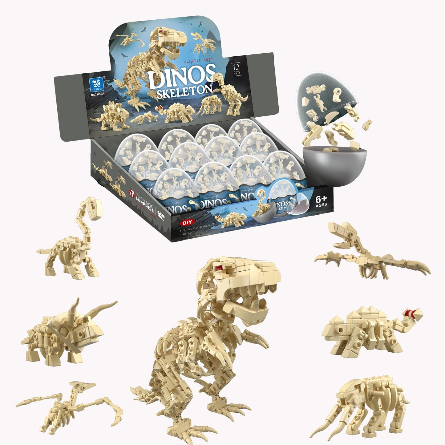 auryee 12PCS Pre Filled Easter Eggs with Toys Inside - 12 in 1 Big Dinosaur Skeleton Model Building Kits Toy for Kids Age 6+ Years Old