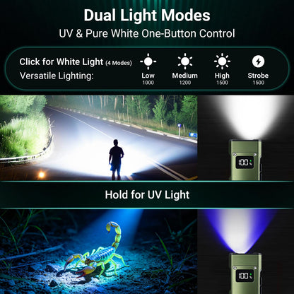 EDC Flat Flashlight, 1500 Lumens Rechargeable Pocket Flash Light with Magnetic Base, White LED, UV light, USB-C Charging for Camping, Emergency, Everyday Carry, Outdoor Working & Hiking(Field Green)