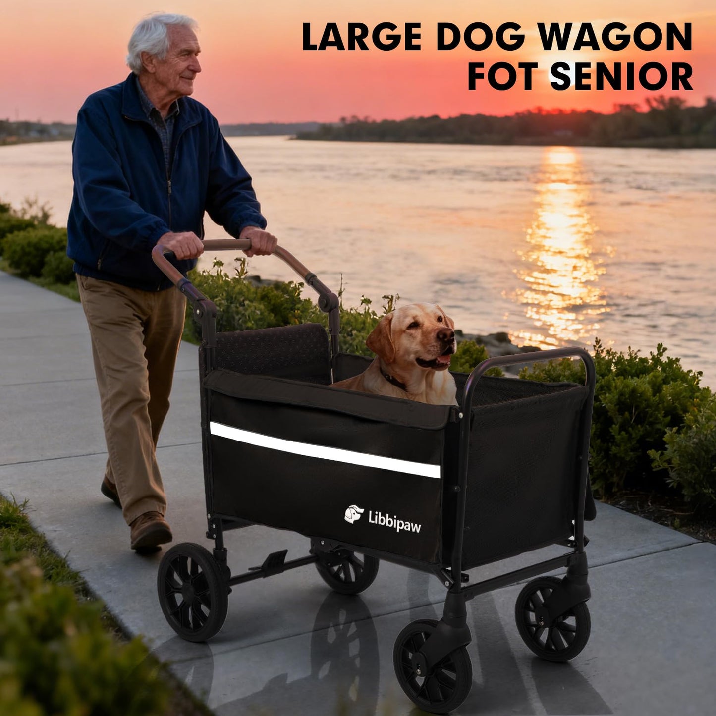 Libbipaw Dog Wagon for Medium & Large Dogs, Foldable All-Terrain Dog Stroller Wagon with Ramp, Adjustable Handle, One-Step Brake, Heavy Duty Pet Wagon (Black)