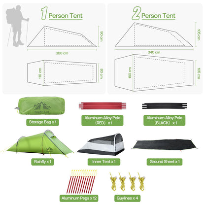 Night Cat Ultralight Tunnel Tent: Waterproof Lightweight Single People Backpacking Tent for Outdoor Camping Hiking Trekking with Double Layers Aluminum Poles and Footprint 1 Person Green