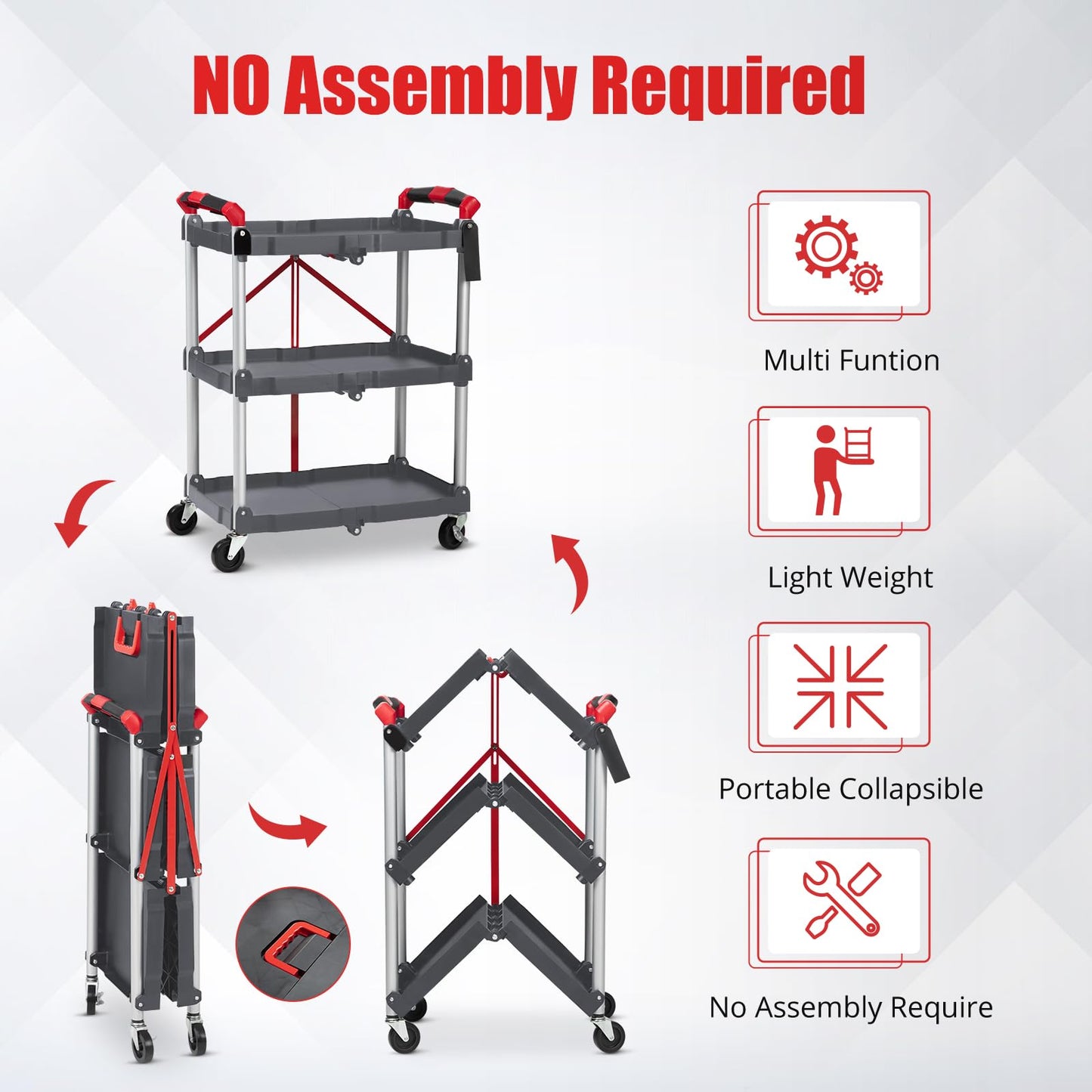 Garvee Collapsible Folding Utility Cart with Wheels, 3 Tier Rolling Service Cart for Kitchen, Office, Shopping, Garage