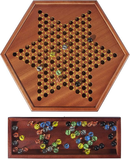 VAMSLOVE Chinese Checkers 15 Large Upgraded Version Wooden Game Board 16mm 60+12 Colorful Glass Marbles Easy Grasping for Adults and Kids w/Storage Drawer Fun for Family Gathering