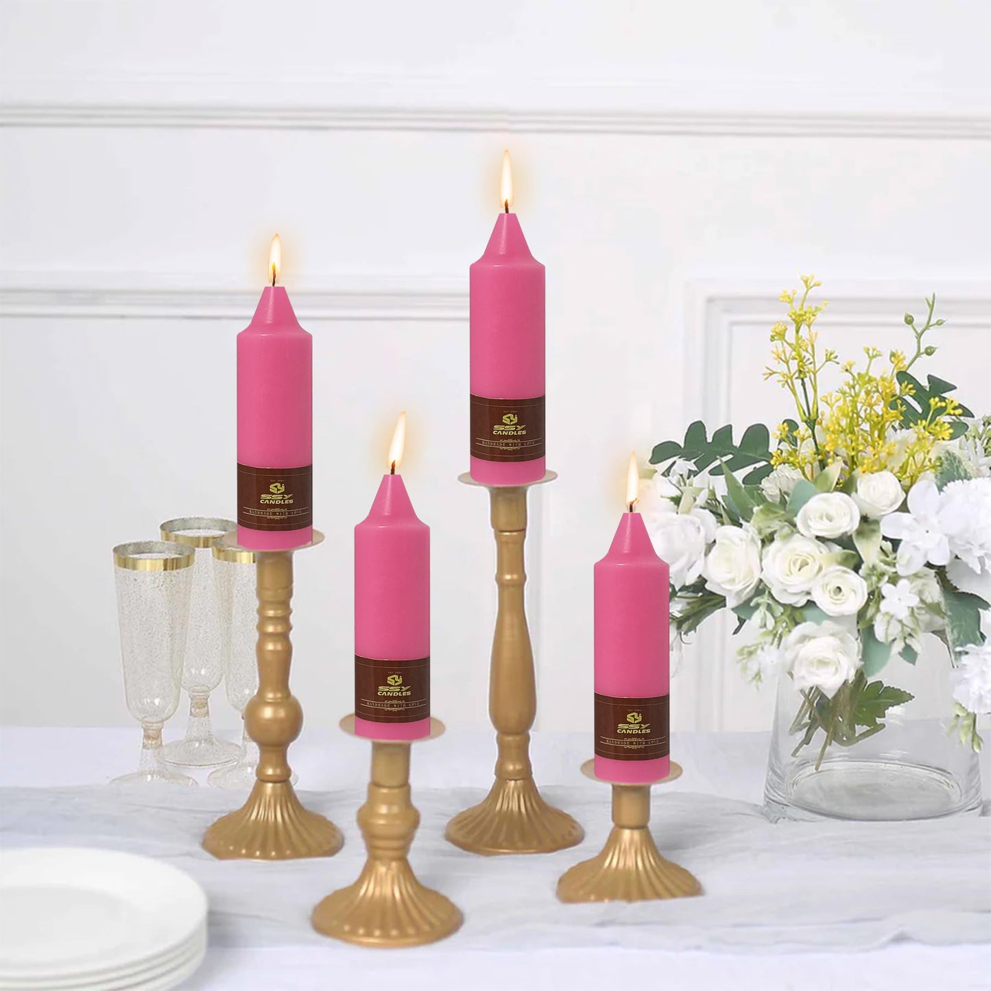 Hot Pink Short Taper Candle Candle Sticks, 5 Inch Mini Pillar Candles Small Taper Candles, 4PCS Handmade Unscenteds Candlesticks for Festive, Party, Spell, Wedding, Home Decor