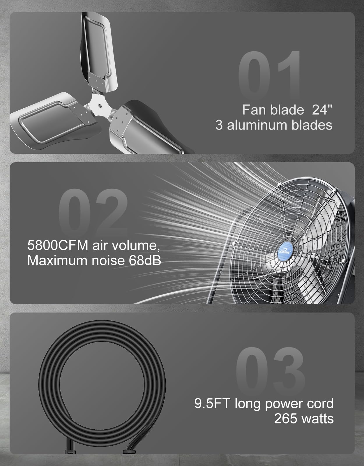 iLiving 24" BLDC Air Circulator High Velocity Floor Fan, 115V, 265W, Grey (ILG8M24-70EC)