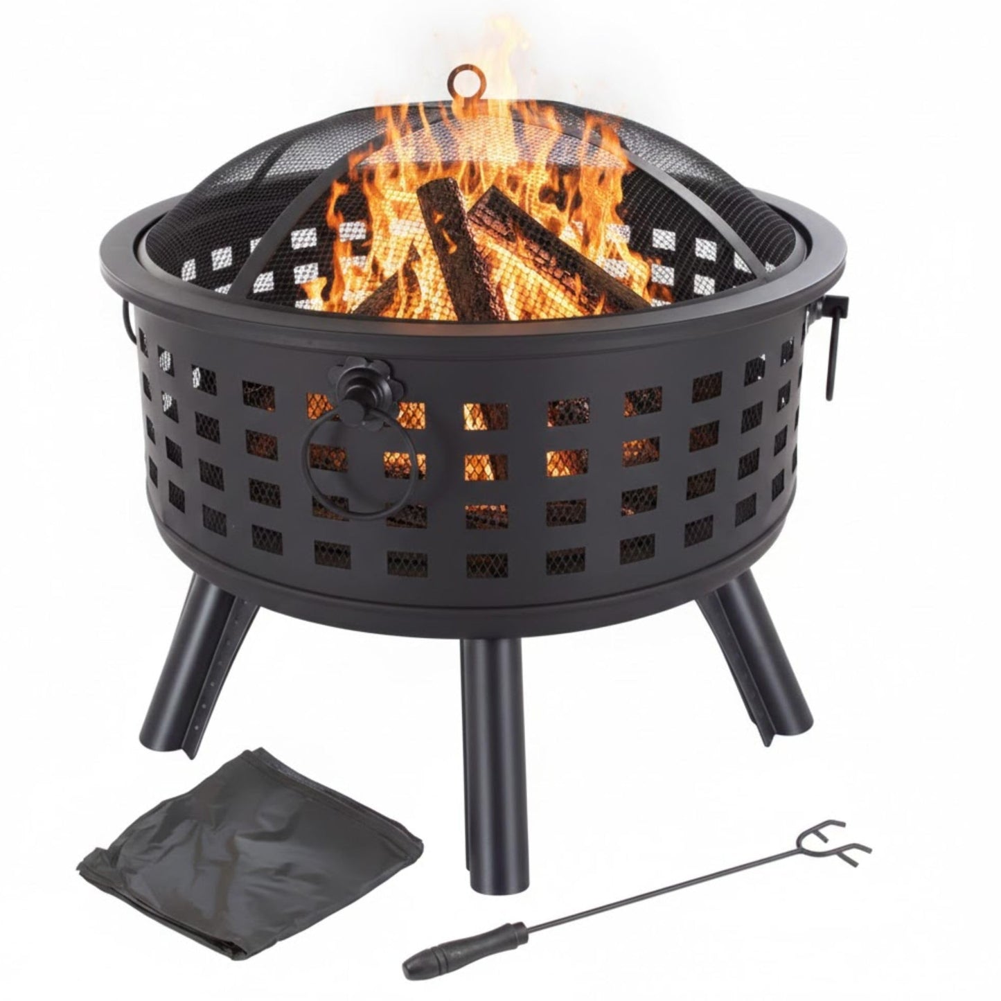Outdoor Fire Pit - 26-Inch Round Lattice Wood Burning Firepit with Screen, Poker, Grate and Cover - Wood Fire Pits & Outdoor Fireplaces by Pure Garden