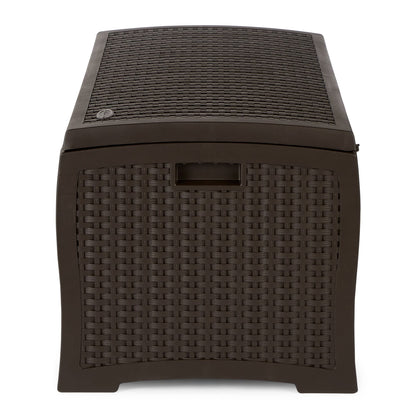 Suncast Outdoor Storage Box - 73 Gallon Mocha Brown Deck Box for Patio, weather-resistant Outdoor Storage Bench, Resin Wicker Style, Heavy-Duty, Lockable Lid for Cushions, Shoes, Pool & Garden Gear
