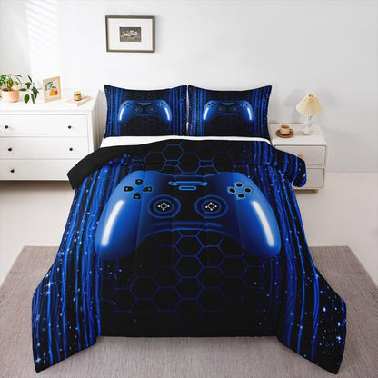 Erosebridal Kids Gamer Full Comforter Set for Boys Bedroom Neon Lights Dark Blue Gaming Bedding Set for Kids Teens Game Console Quilt Striped Honeycomb Hexagon Comforter Geometric Duvet Insert