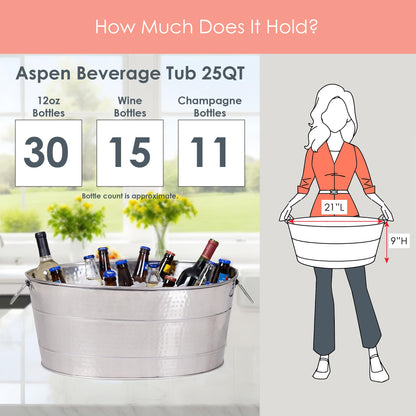 BREKX Aspen Heavy-Duty Oval Stainless Steel Drink Cooler for Parties - Metal Large Ice Bucket for Drinks, 25-Quart (30-Bottle) Large Cooler Ice Container for Parties