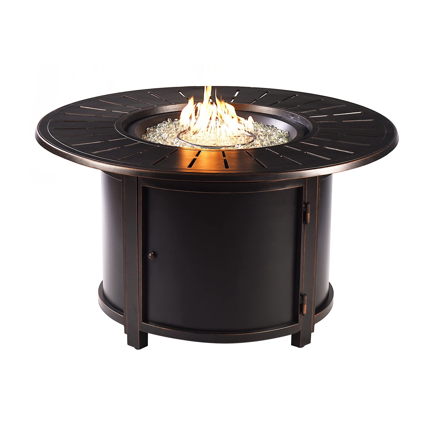Oakland Living Aluminum 57,0000 BTU 44 in. Round Propane Black Fire Pit Table with Fire Beads, Lid, Propane Tank Cover and Table Fabric Covers in Copper Finish, (AZNOBU-FPT-AC)